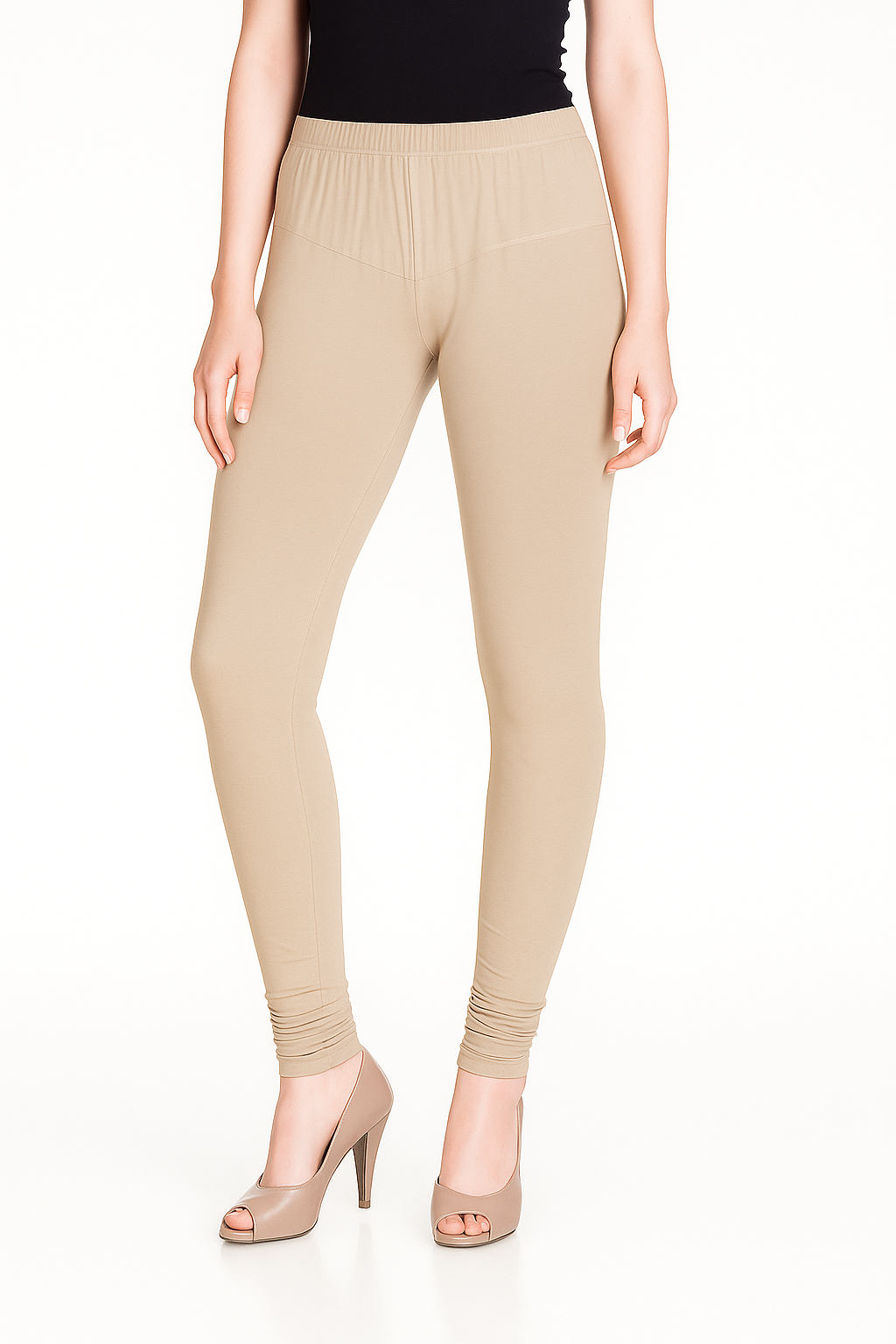 Beige Women's Solid Churidar Stretchable Cotton Blend Legging