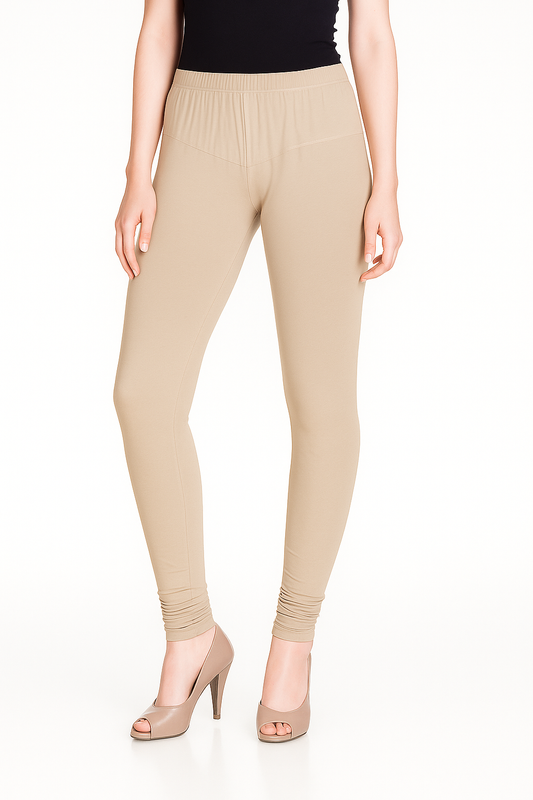 Beige Women's Solid Churidar Stretchable Cotton Blend Legging