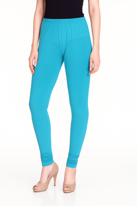 Turquoise Blue Women's Solid Churidar Stretchable Cotton Blend Legging