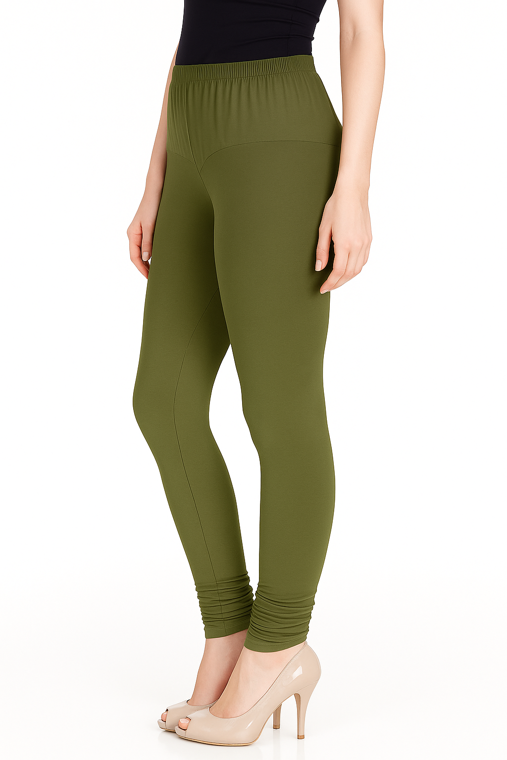 Olive Green Women's Solid Churidar Stretchable Cotton Blend Legging