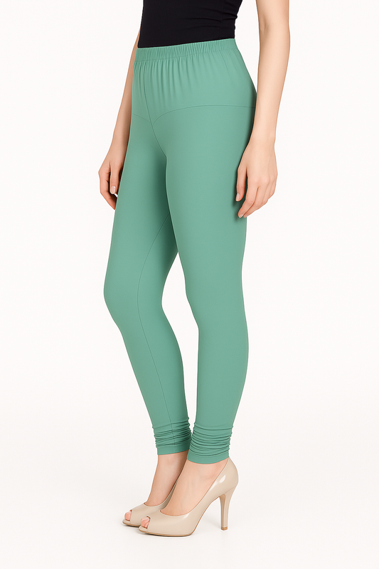 Green Mehendi Women's Solid Churidar Stretchable Cotton Blend Legging