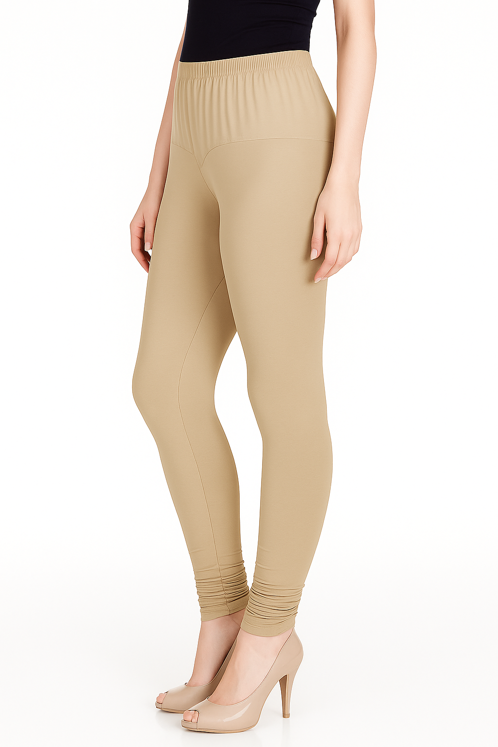 Beige Women's Solid Churidar Stretchable Cotton Blend Legging