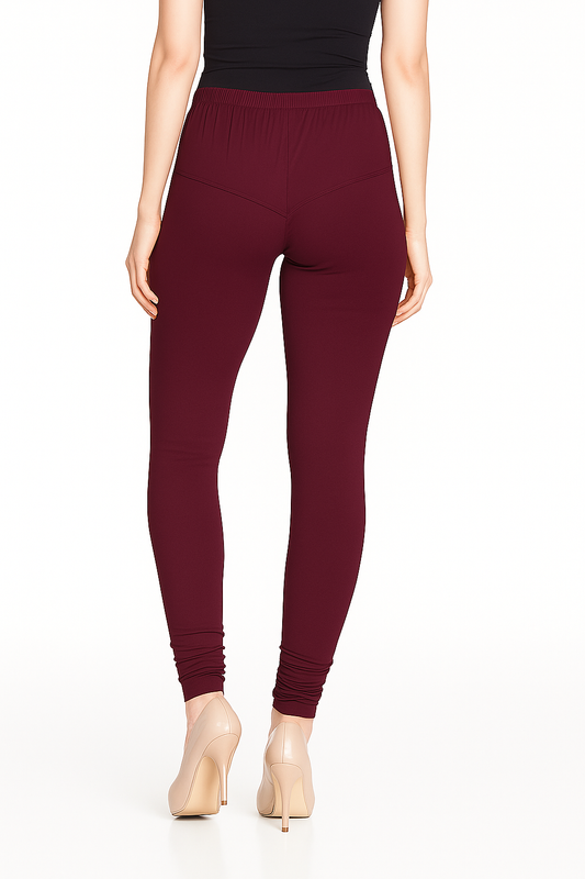 Dark Maroon Women's Solid Churidar Stretchable Cotton Blend Legging