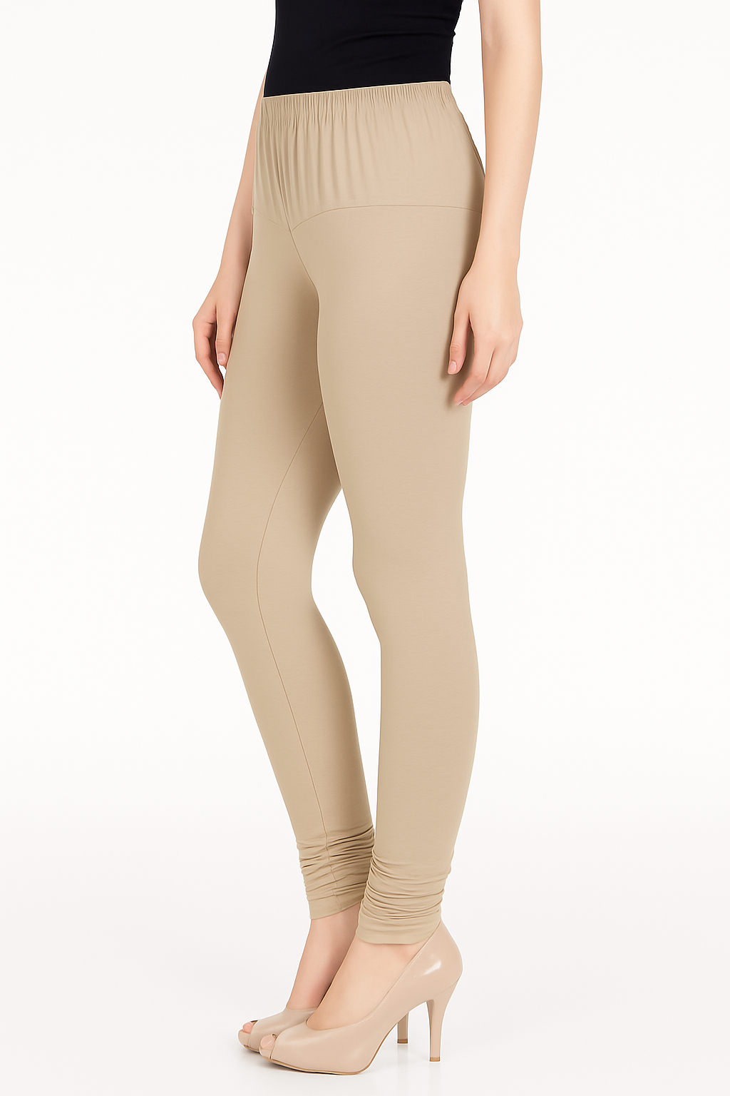 Beige Women's Solid Churidar Stretchable Cotton Blend Legging