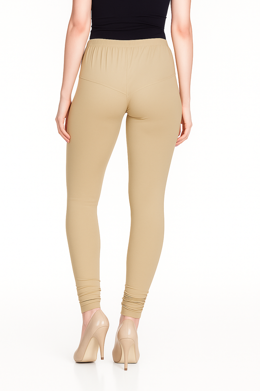 Beige Women's Solid Churidar Stretchable Cotton Blend Legging