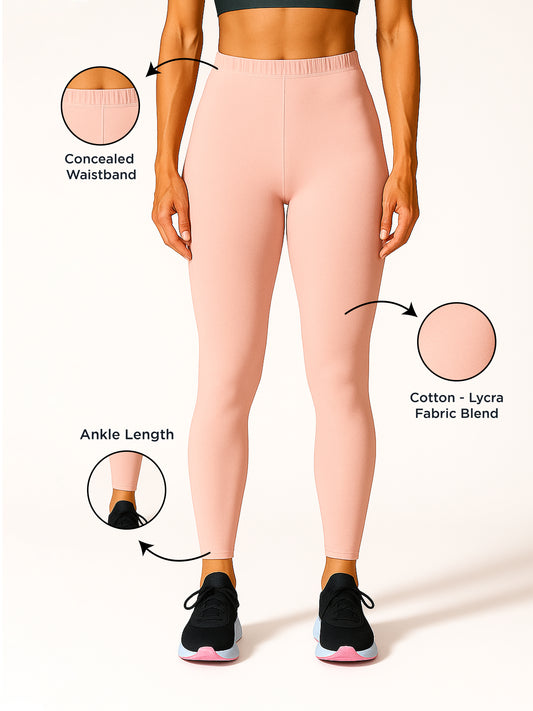 Women's Ankle Length Slim Fit Soft Stretchable Baby Pink Cotton Blend Leggings