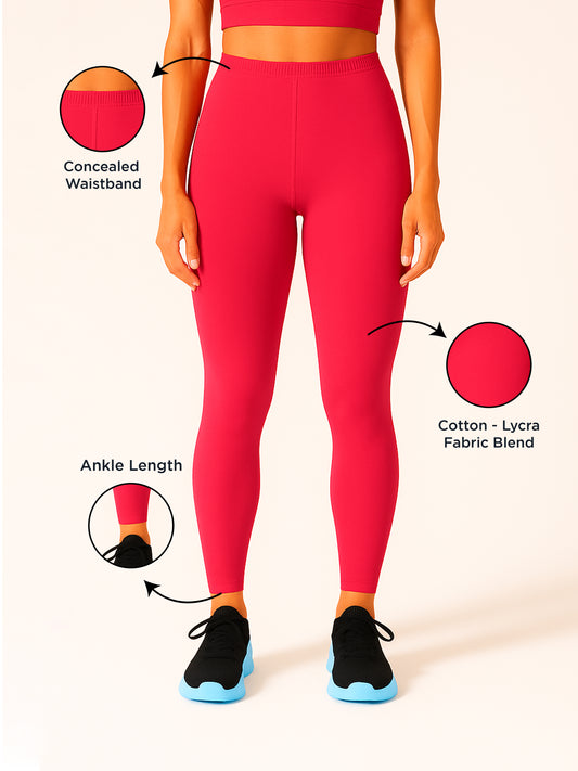 Women's Ankle Length Slim Fit Soft Stretchable Barbie Pink Cotton Blend Leggings