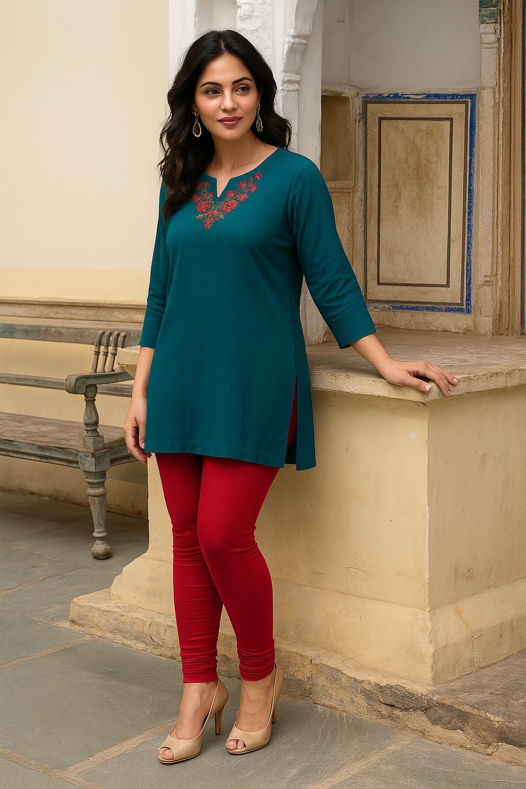 Red Women's Solid Churidar Stretchable Cotton Blend Legging