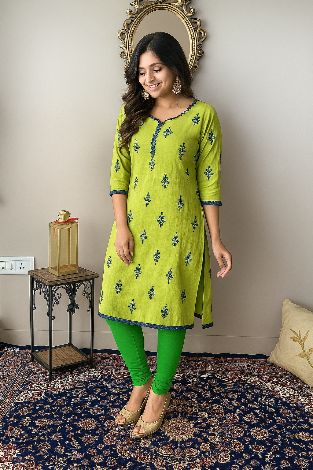 Lime Green Women's Solid Churidar Stretchable Cotton Blend Legging