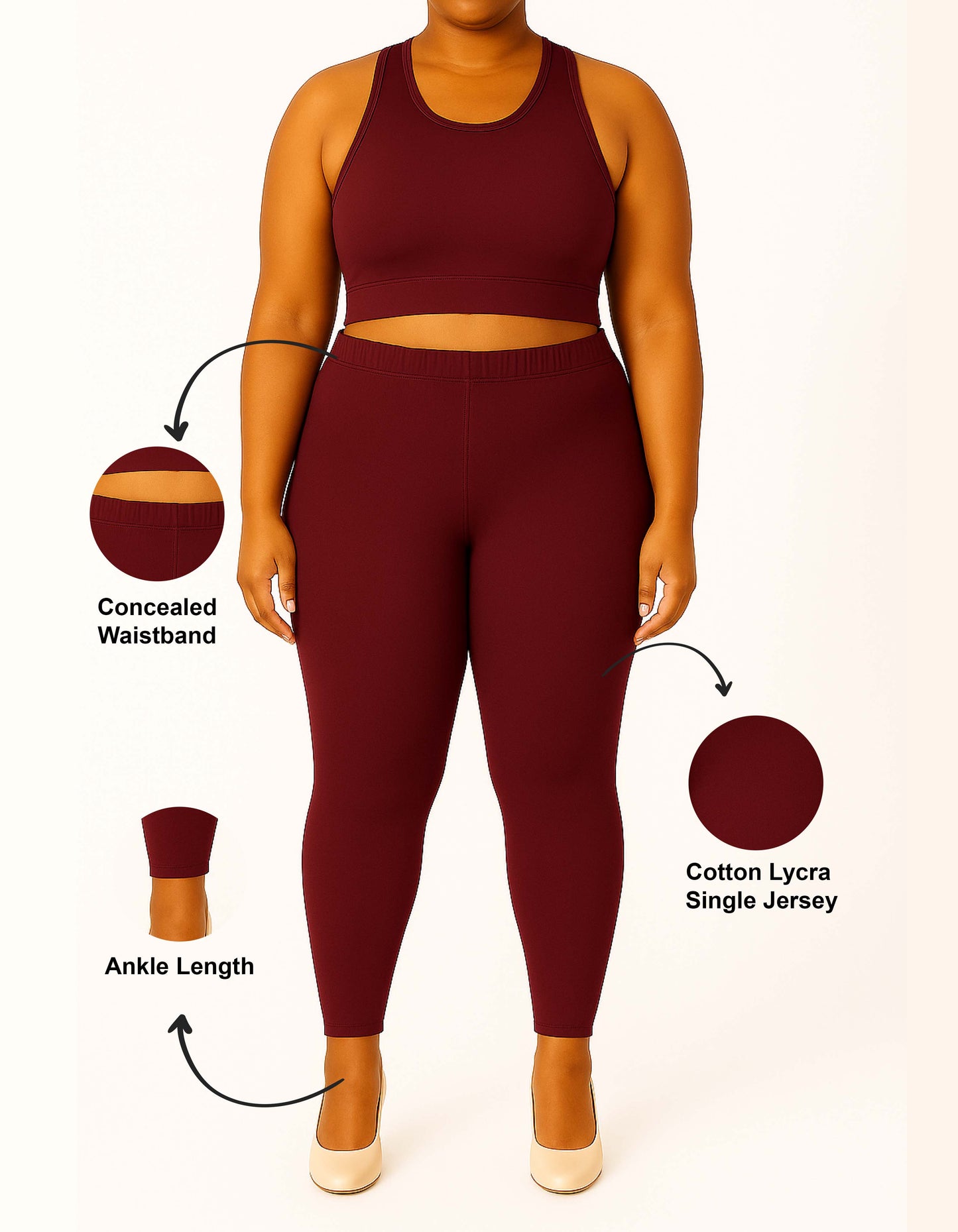 Dark Maroon Women's Ankle Length Plus Size Stretchable Cotton Lycra Leggings