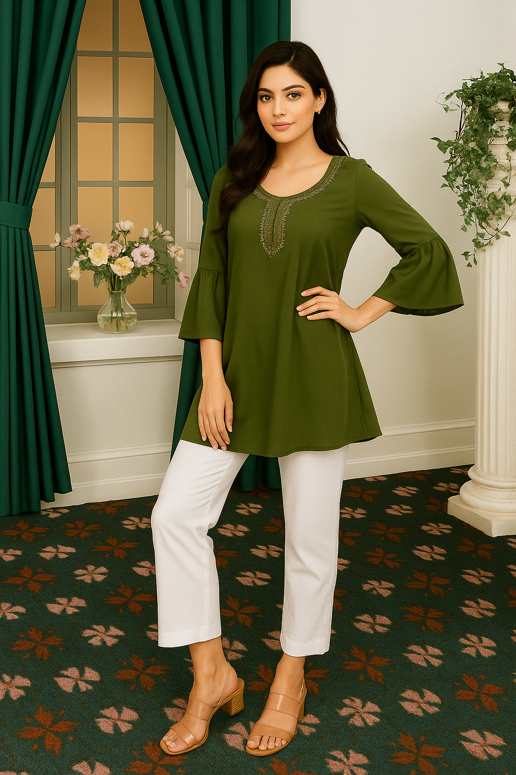 White Women's Solid Regular Fit Flare Kurti Pant