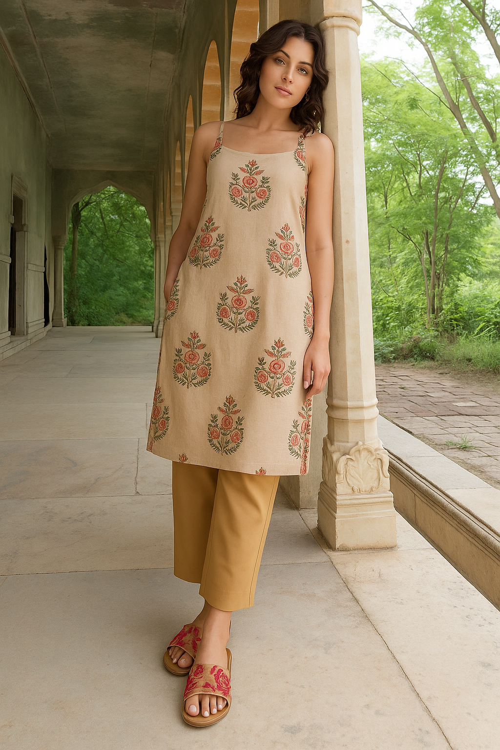 Beige Women's Solid Regular Fit Flare Kurti Pant