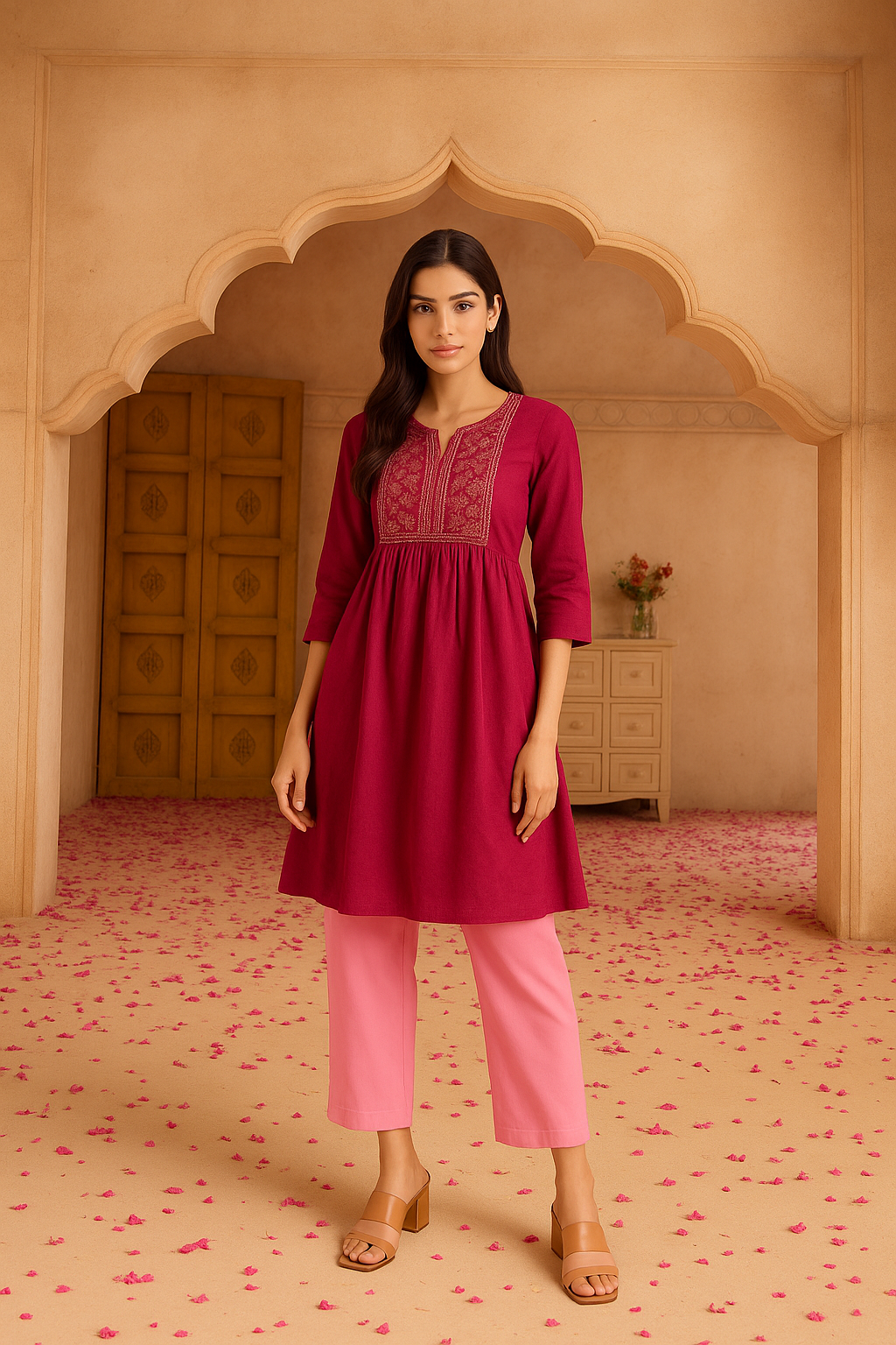 Lt Cherry Women's Solid Regular Fit Flare Kurti Pant