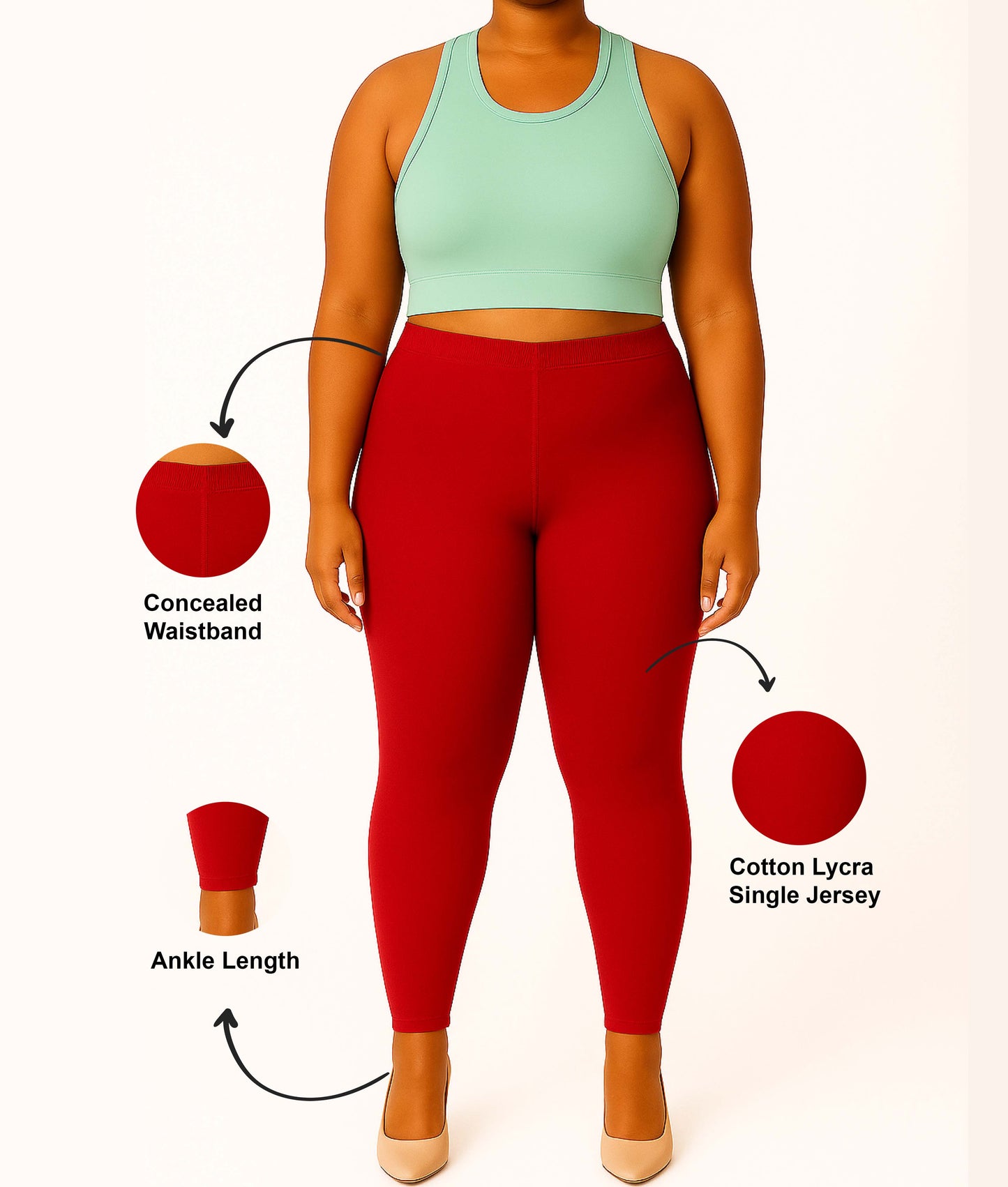 Red Women's Ankle Length Plus Size Stretchable Cotton Lycra Leggings