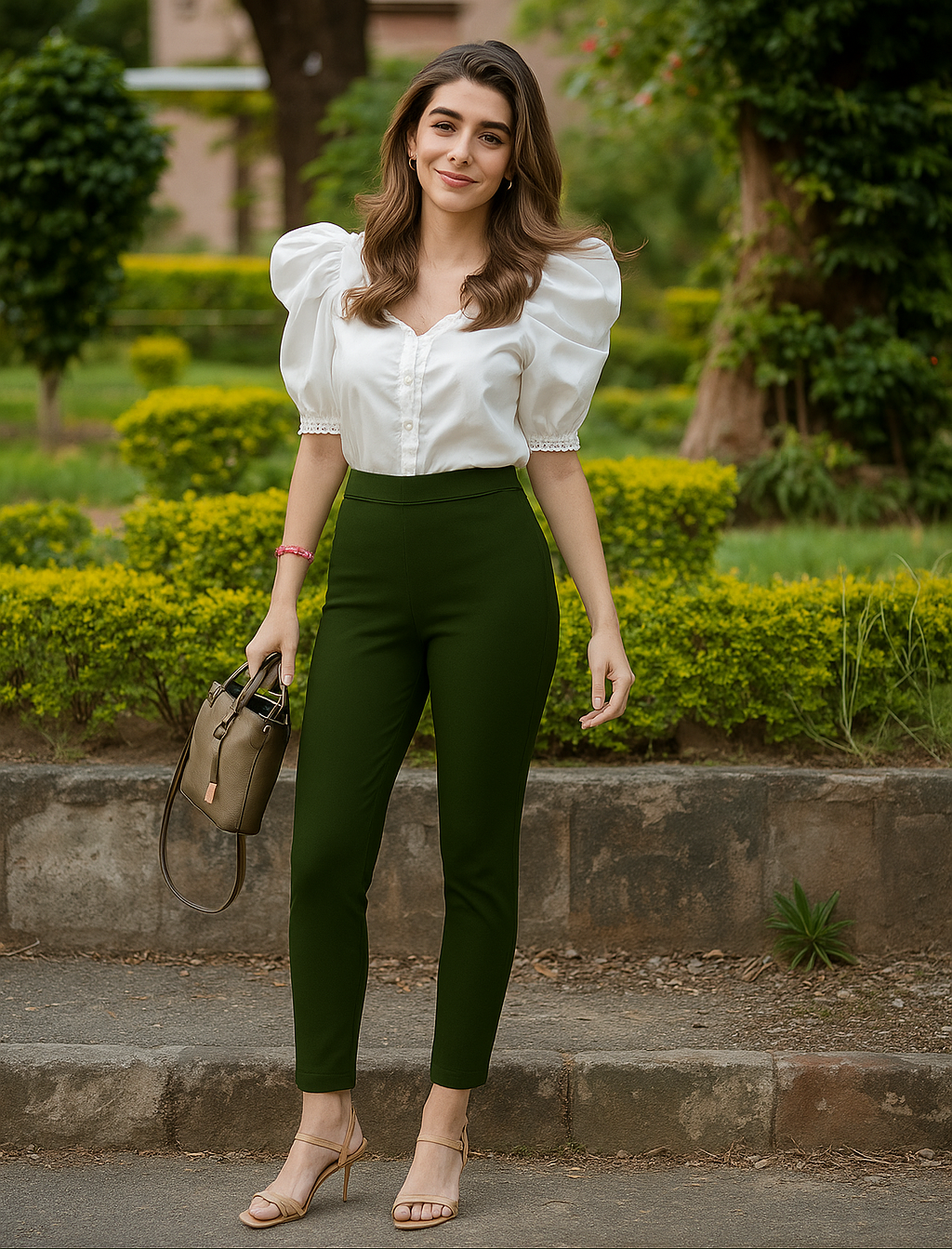 Olive Green Women's Cotton Lycra Solid Straight Pant
