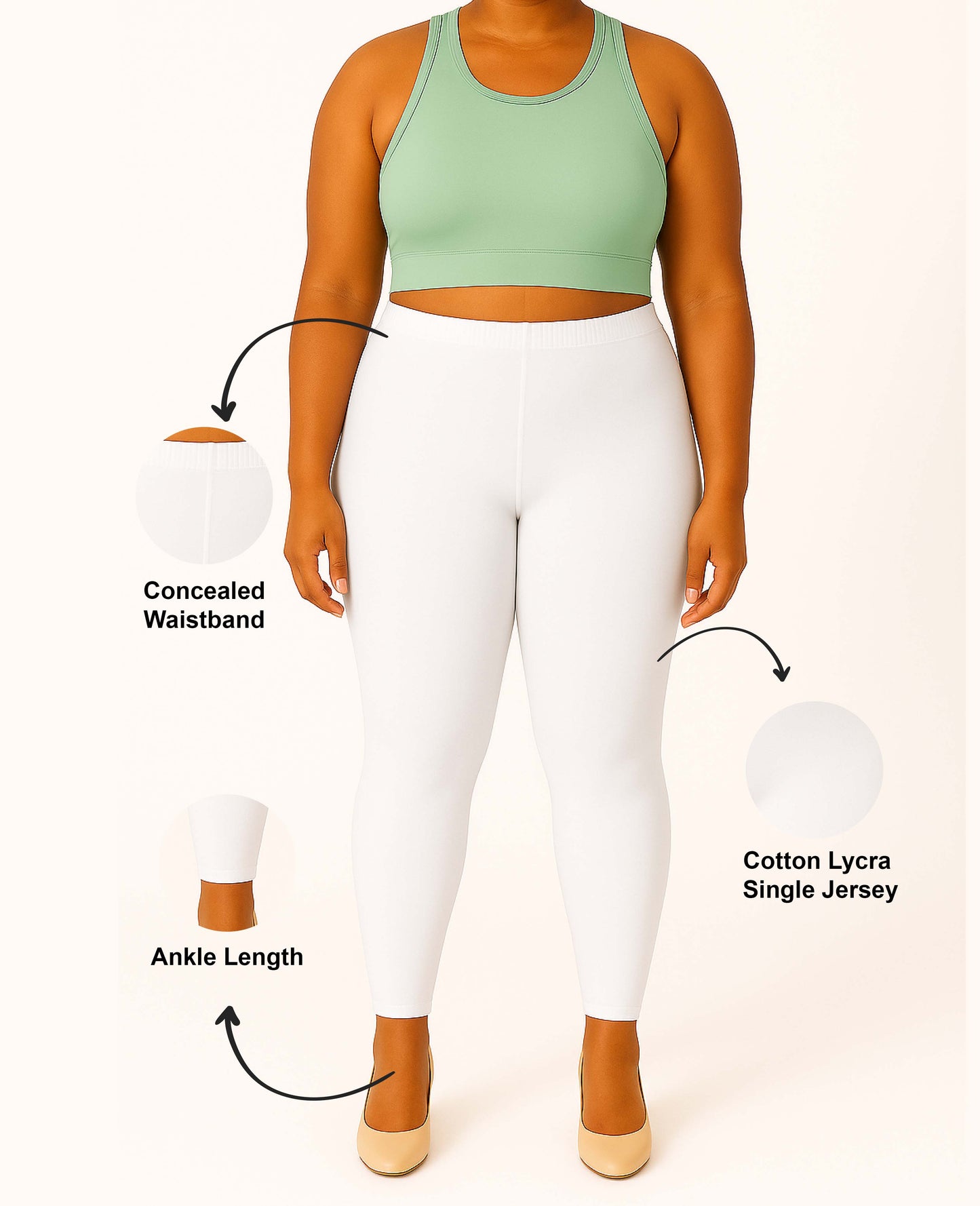 White Women's Ankle Length Plus Size Stretchable Cotton Lycra Leggings